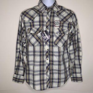 NWT Wrangler Men's Western Pearl-Snap Long-Sleeve Premium Plaid Shirt- SMALL